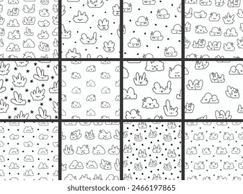Kawaii cute lawn bush. Seamless pattern. Coloring Page. Cartoon plant grass character. Hand drawn style. Vector drawing. Collection of design ornaments.