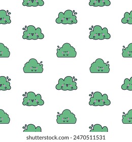 Kawaii cute lawn bush. Seamless pattern. Cartoon plant grass character. Hand drawn style. Vector drawing. Design ornaments.