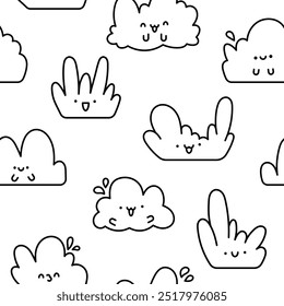Kawaii cute lawn bush. Seamless pattern. Coloring Page. Cartoon plant grass character. Hand drawn style. Vector drawing. Design ornaments.