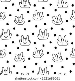 Kawaii cute lawn bush. Seamless pattern. Coloring Page. Cartoon plant grass character. Hand drawn style. Vector drawing. Design ornaments.