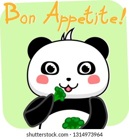Kawaii cute little baby panda eating broccoli. Cartoon vector illustration. - Vector