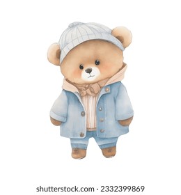 kawaii cute little bear watercolor vintage costume on white background vector illustration