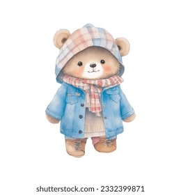 kawaii cute little bear watercolor vintage costume on white background vector illustration