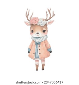 kawaii cute little deer watercolor wearing vintage winter costume merry christmas and happy new year on white background vector illustration.