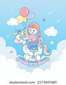 Kawaii linda niña montada en una pequeña ilustración de un desorden de unicornio