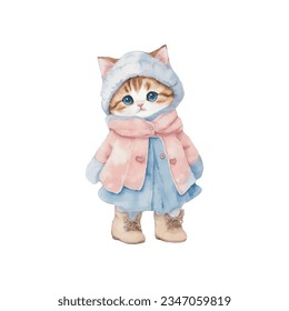 kawaii cute little kitten watercolor wearing vintage winter costume merry christmas and happy new year on white background vector illustration.