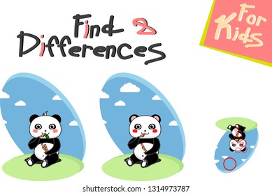 Kawaii cute little panda eating bamboo. Find 8 differences for kids. Educational game for children. Cartoon vector illustration. - Vector