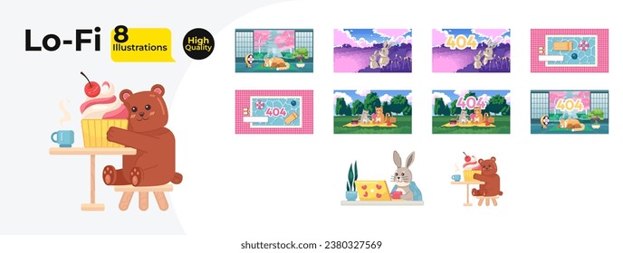 Kawaii cute lofi wallpapers bundle. Bear cupcake, panda sleeping, rabbits field, picnic party 2D characters cartoon flat illustration collection. Chill vector art, lo fi aesthetic colorful backgrounds