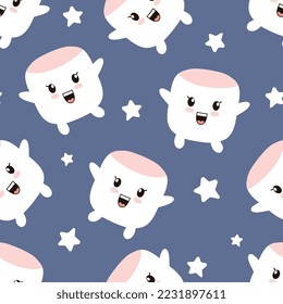 kawaii cute marshmallows on deep blue background with stars in the sky. Kids camp cartoon flat character design for fabric and textile print.