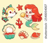 Kawaii Cute mermaid girl with ocean sea animal sticker elements