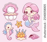 Kawaii Cute mermaid girl with ocean sea animal sticker elements