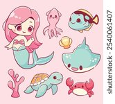 Kawaii Cute mermaid girl with ocean sea animal sticker elements