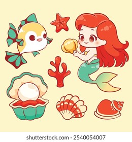 Kawaii Cute mermaid girl with ocean sea animal sticker elements