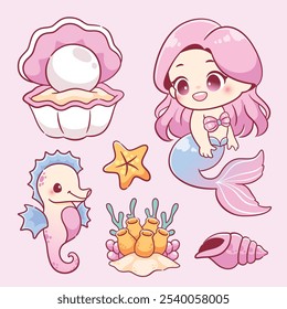 Kawaii Cute mermaid girl with ocean sea animal sticker elements