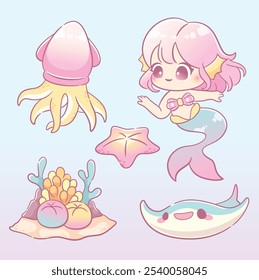 Kawaii Cute mermaid girl with ocean sea animal sticker elements