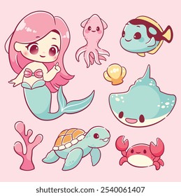 Kawaii Cute mermaid girl with ocean sea animal sticker elements