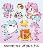 Kawaii Cute mermaid with ocean sea animal sticker elements