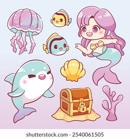 Kawaii Cute mermaid with ocean sea animal sticker elements