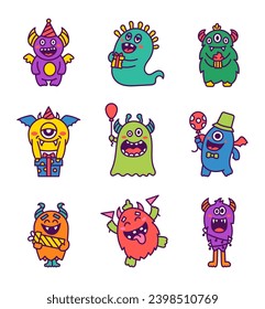Kawaii cute party monsters. Happy birthday gifts, funny alien, greeting cake. Hand drawn style. Vector drawing. Collection of design elements.