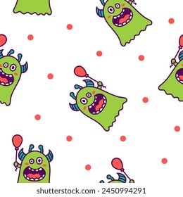 Kawaii cute party monsters. Seamless pattern. Happy birthday gifts, funny alien, greeting cake. Hand drawn style. Vector drawing. Design ornaments.