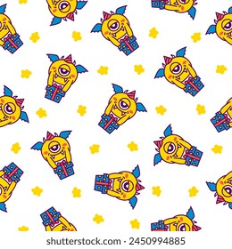Kawaii cute party monsters. Seamless pattern. Happy birthday gifts, funny alien, greeting cake. Hand drawn style. Vector drawing. Design ornaments.