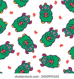 Kawaii cute party monsters. Seamless pattern. Happy birthday gifts, funny alien, greeting cake. Hand drawn style. Vector drawing. Design ornaments.
