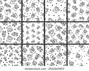 Kawaii cute party monsters. Seamless pattern. Coloring Page. Happy birthday gifts, funny alien, greeting cake. Hand drawn style. Vector drawing. Collection of design ornaments.