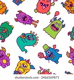 Kawaii cute party monsters. Seamless pattern. Happy birthday gifts, funny alien, greeting cake. Hand drawn style. Vector drawing. Design ornaments.