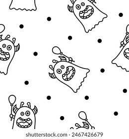 Kawaii cute party monsters. Seamless pattern. Coloring Page. Happy birthday gifts, funny alien, greeting cake. Hand drawn style. Vector drawing. Design ornaments.