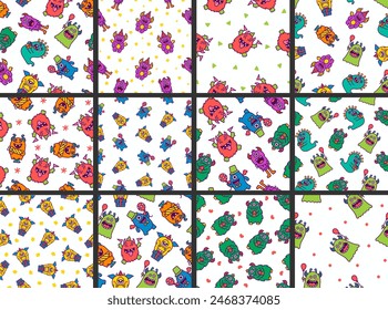 Kawaii cute party monsters. Seamless pattern. Happy birthday gifts, funny alien, greeting cake. Hand drawn style. Vector drawing. Collection of design ornaments.