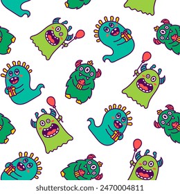 Kawaii cute party monsters. Seamless pattern. Happy birthday gifts, funny alien, greeting cake. Hand drawn style. Vector drawing. Design ornaments.