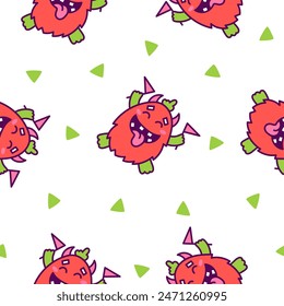 Kawaii cute party monsters. Seamless pattern. Happy birthday gifts, funny alien, greeting cake. Hand drawn style. Vector drawing. Design ornaments.