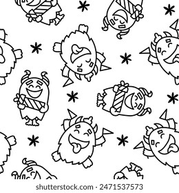 Kawaii cute party monsters. Seamless pattern. Coloring Page. Happy birthday gifts, funny alien, greeting cake. Hand drawn style. Vector drawing. Design ornaments.