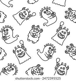 Kawaii cute party monsters. Seamless pattern. Coloring Page. Happy birthday gifts, funny alien, greeting cake. Hand drawn style. Vector drawing. Design ornaments.
