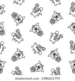 Kawaii cute party monsters. Seamless pattern. Coloring Page. Happy birthday gifts, funny alien, greeting cake. Hand drawn style. Vector drawing. Design ornaments.