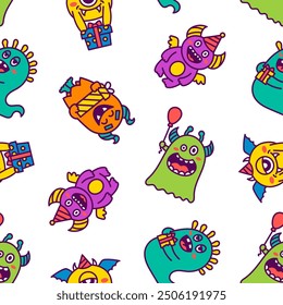 Kawaii cute party monsters. Seamless pattern. Happy birthday gifts, funny alien, greeting cake. Hand drawn style. Vector drawing. Design ornaments.