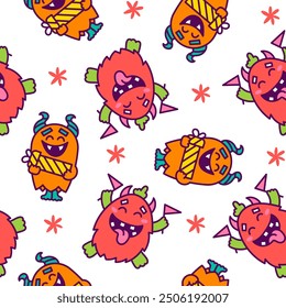 Kawaii cute party monsters. Seamless pattern. Happy birthday gifts, funny alien, greeting cake. Hand drawn style. Vector drawing. Design ornaments.
