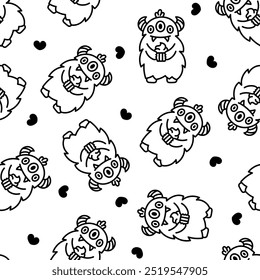 Kawaii cute party monsters. Seamless pattern. Coloring Page. Happy birthday gifts, funny alien, greeting cake. Hand drawn style. Vector drawing. Design ornaments.