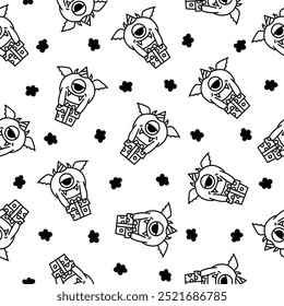 Kawaii cute party monsters. Seamless pattern. Coloring Page. Happy birthday gifts, funny alien, greeting cake. Hand drawn style. Vector drawing. Design ornaments.