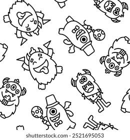 Kawaii cute party monsters. Seamless pattern. Coloring Page. Happy birthday gifts, funny alien, greeting cake. Hand drawn style. Vector drawing. Design ornaments.