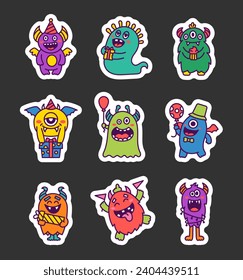 Kawaii cute party monsters. Sticker Bookmark. Happy birthday gifts, funny alien, greeting cake. Hand drawn style. Vector drawing. Collection of design elements.