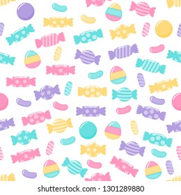 kawaii Cute Pastel Candy sweet desserts Seamless pattern with different types on White Background for cafe or restaurant. illustration Vector.