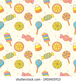 kawaii cute pastel candy sweet desserts with funny faces cartoon seamless pattern with different types on white background for cafe or restaurant. illustration vector.