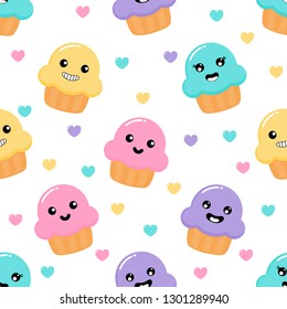 kawaii Cute Pastel Cupcake Sweet summer desserts with Funny Faces cartoon Seamless pattern with different types on White Background for cafe or restaurant. illustration Vector.