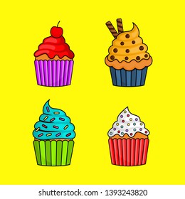 kawaii cute pastel cupcake sweet summer desserts with different types isolated on white background for cafe or restaurant. illustration vector.