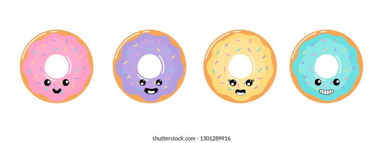 kawaii Cute Pastel donuts Sweet summer desserts with Funny Faces cartoon with different types isolated on White Background for cafe or restaurant. illustration Vector.