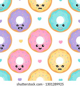 kawaii Cute Pastel se burla de postres dulces de verano con caricatura de Caras Graciosas. Patrón sin problemas con diferentes tipos de fondo blanco para café o restaurante. vector de ilustración.