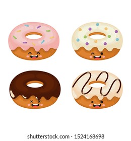 kawaii cute pastel donuts sweet summer desserts with funny faces cartoon with different types isolated on white background for cafe or restaurant. illustration vector.