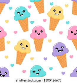 kawaii Cute Pastel Ice cream cone sweet desserts with Funny Faces cartoon Seamless pattern with different types on White Background for cafe or restaurant. illustration Vector.