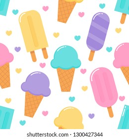 kawaii Cute Pastel Ice cream cone sweet desserts cartoon Seamless pattern with different types on White Background for cafe or restaurant. illustration Vector.